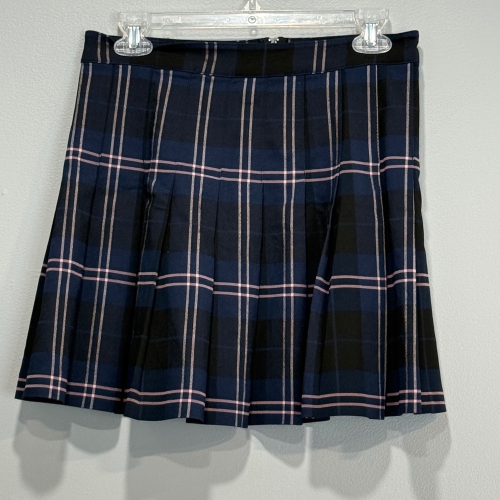 Dark academia Navy Blue Plaid Pleated Mini Skirt Size L High Waisted‎ Preppy Zip